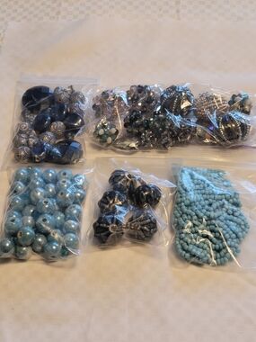 Assorted Blue-Tone Color Beads and Charms Lot 5 Bags 1.4 Lbs